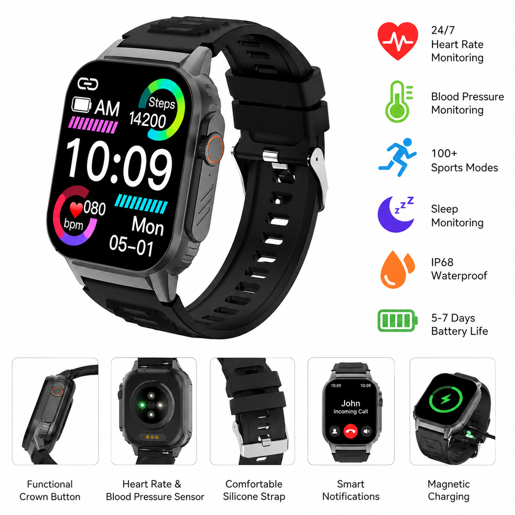 Full-Screen Outdoor Sports Smartwatch with Call Answering & Music Control, AMOLED Touchscreen